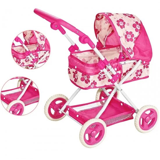 WOOPIE ROYAL gilus lėlių vežimėlis su reguliuojama rankena – gėlėtas, stabilus, sulankstomas